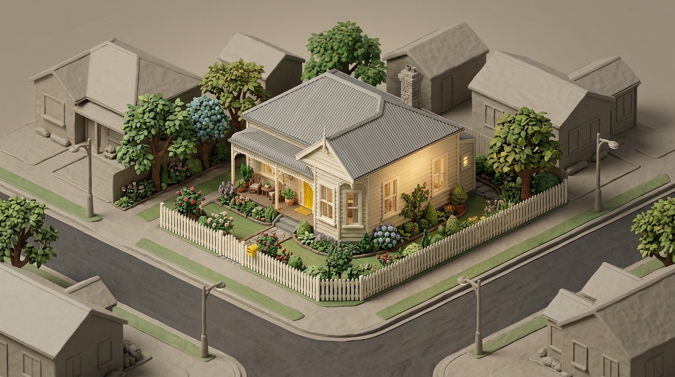 Diorama of a New Zealand villa glowing warmly among muted neighbouring houses