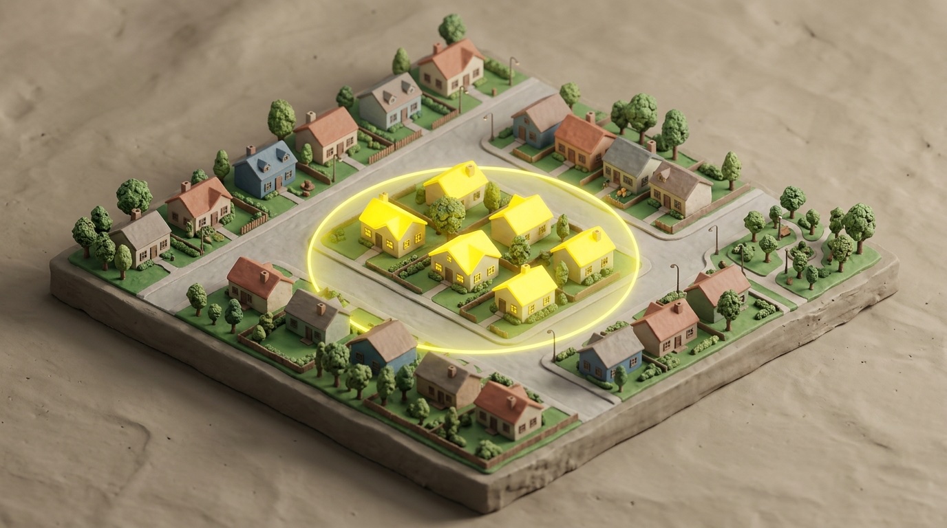 Diorama of a suburb block with a yellow radius ring