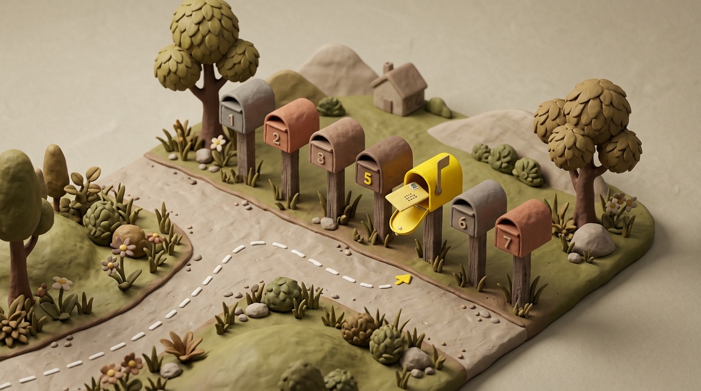 Diorama of kerbside letterboxes with a yellow envelope arriving
