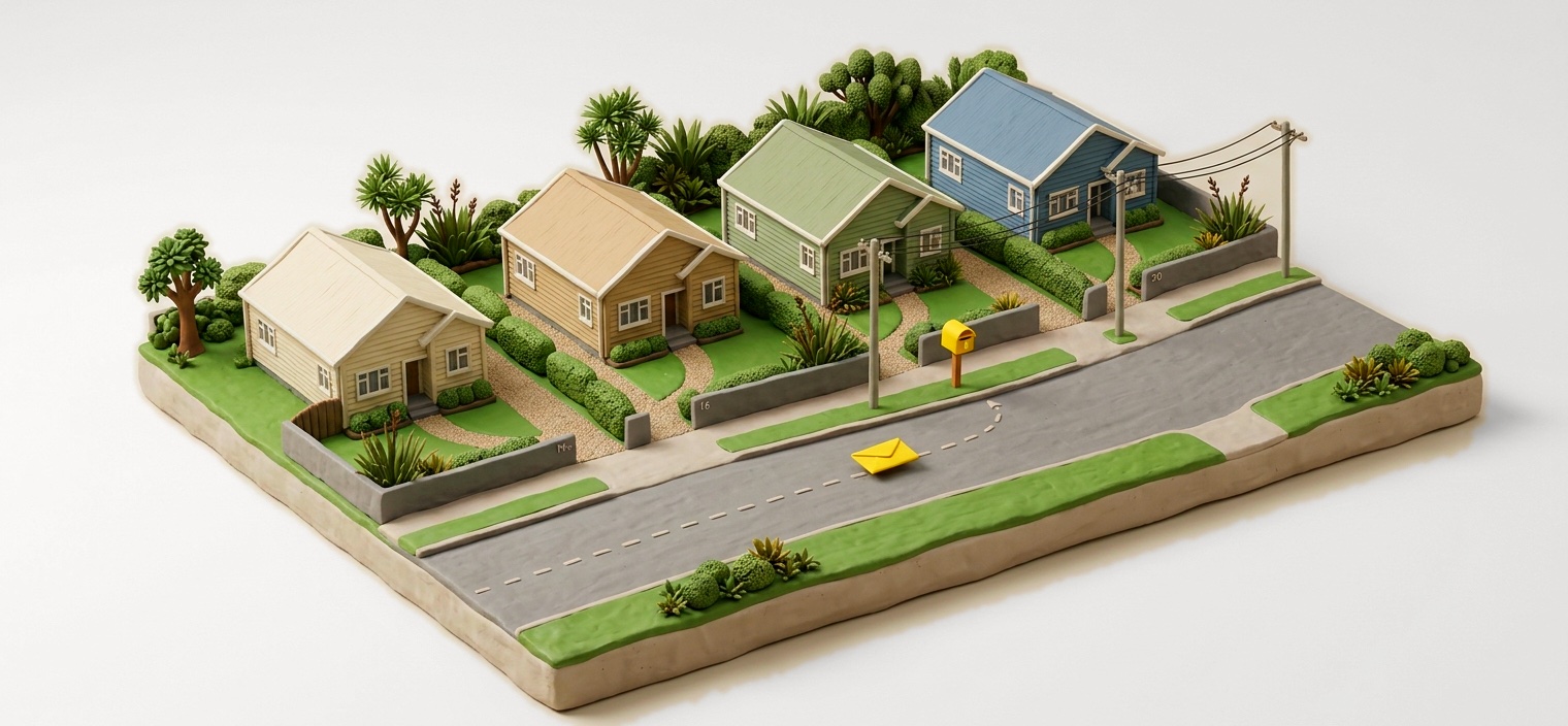 Clay diorama of a New Zealand street with a yellow envelope on its way to a letterbox