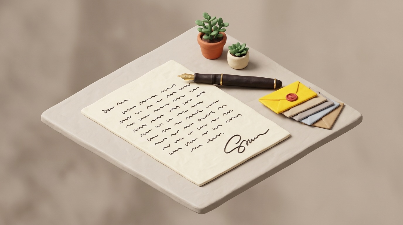 Diorama of an oversized letter with a fountain pen and a yellow wax-sealed envelope