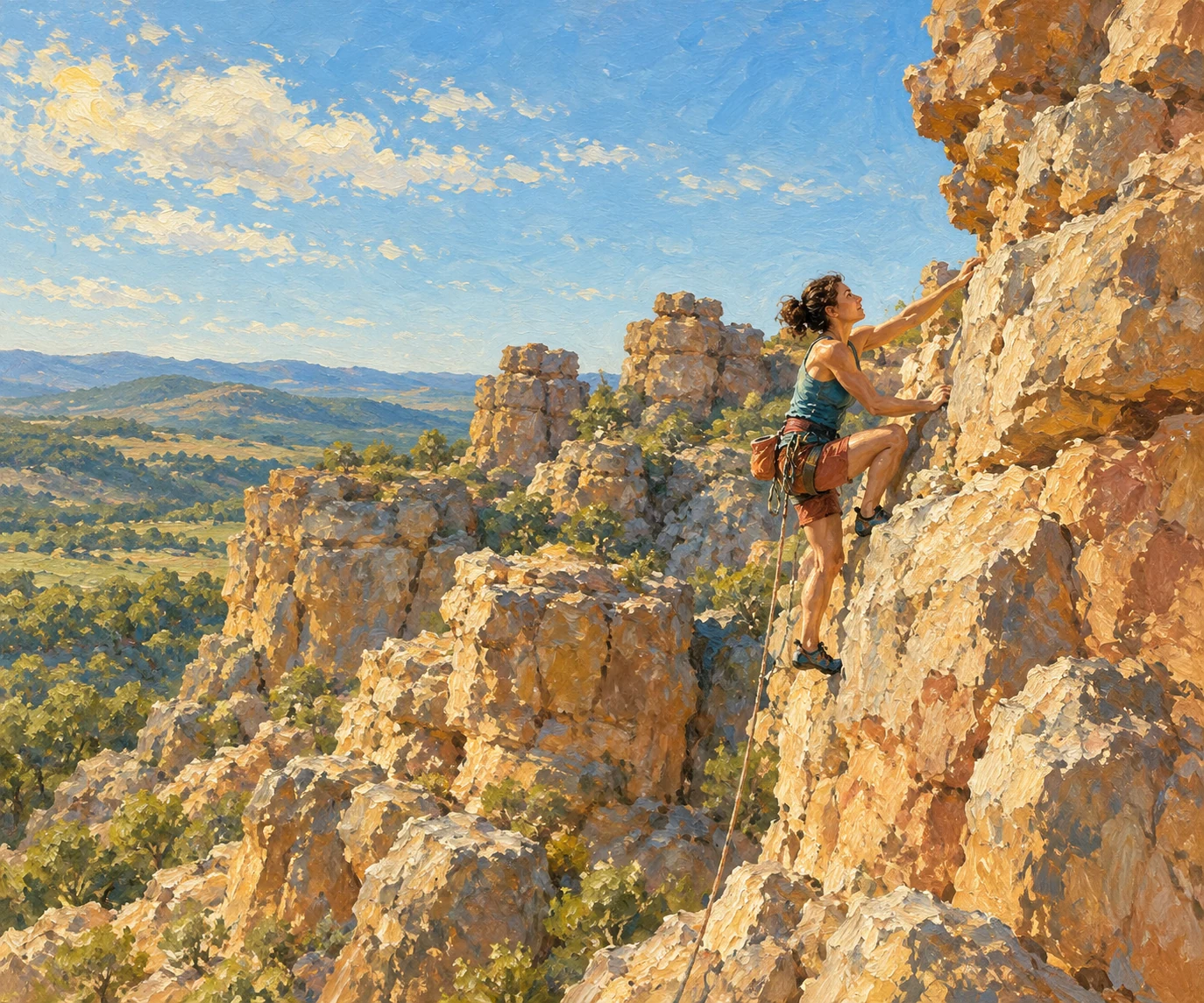 An oil painting of a climber reaching upward on sunlit golden rock beneath a clear blue sky.