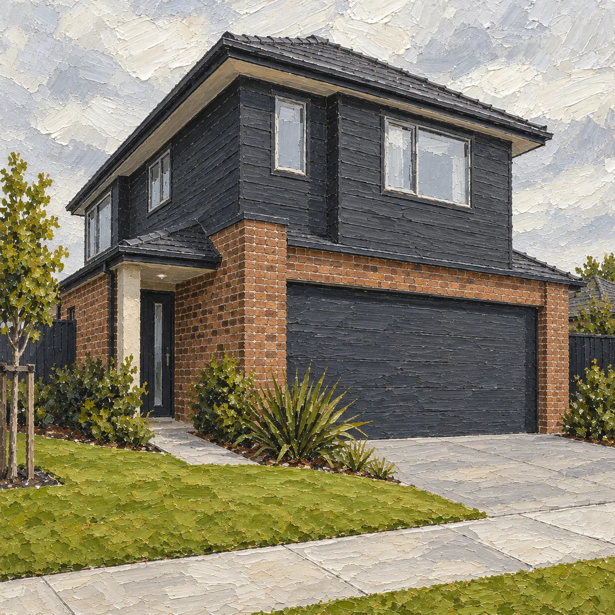 A typical Flat Bush house, two storeys in mixed cladding with a double garage to the street
