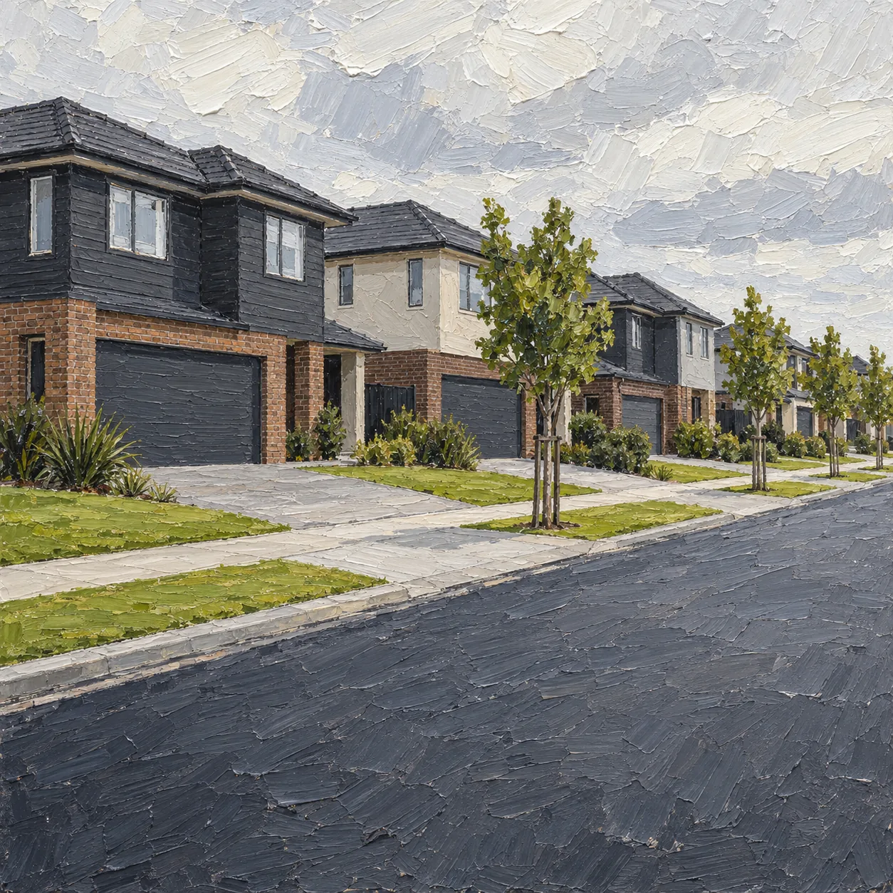 A Flat Bush street of two storey mixed material houses with street facing garages on small sections
