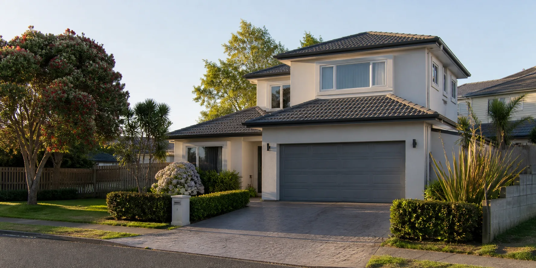 A two storey plaster clad home of the kind built across Henderson in the two thousands