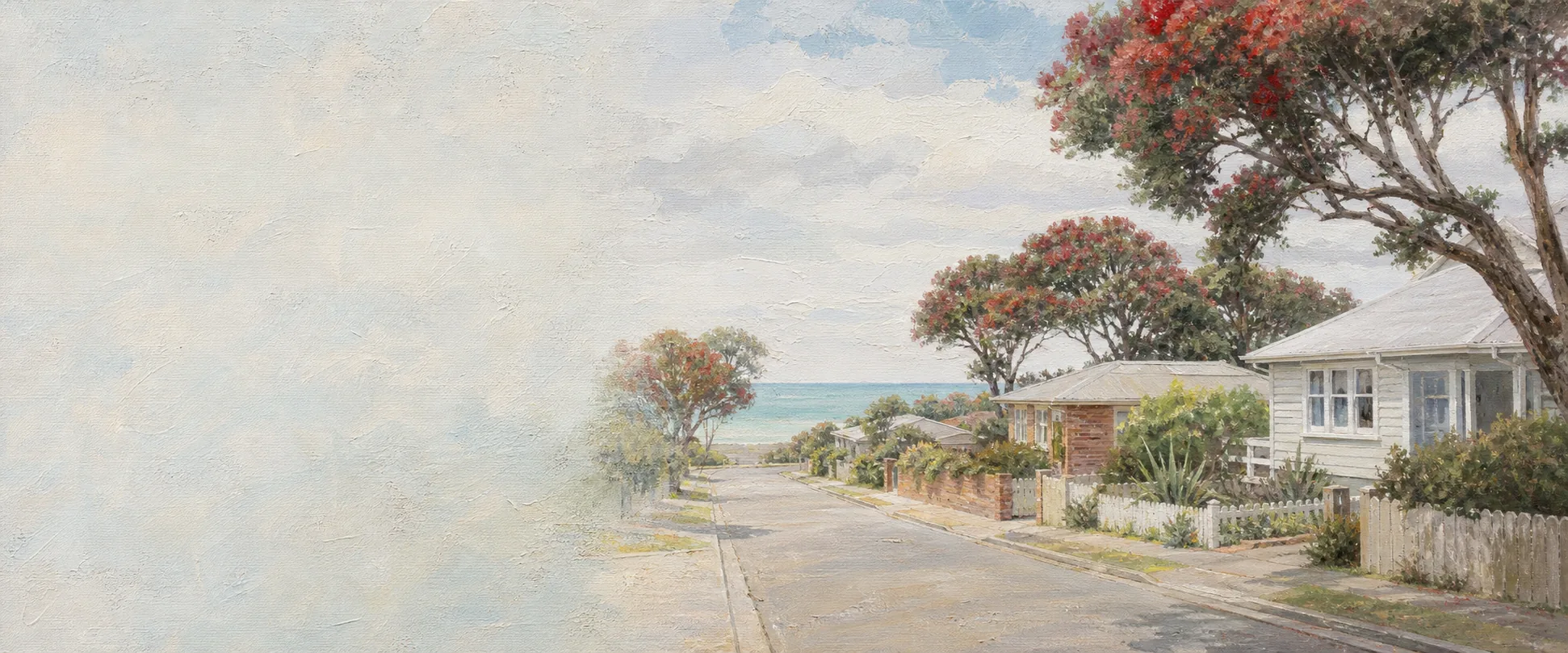 An oil painting of a Milford street, weatherboard homes and pohutukawa with the sea at the end of the road