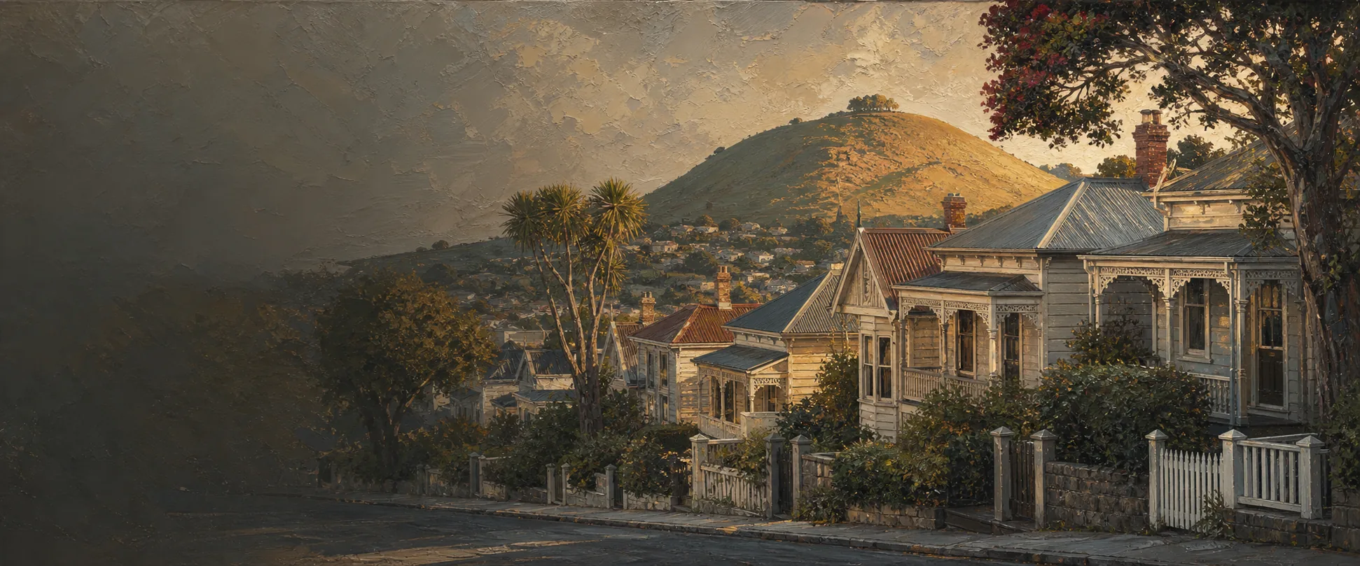 An oil painting of a Mount Eden street, weatherboard villas with verandas and the volcanic cone behind them