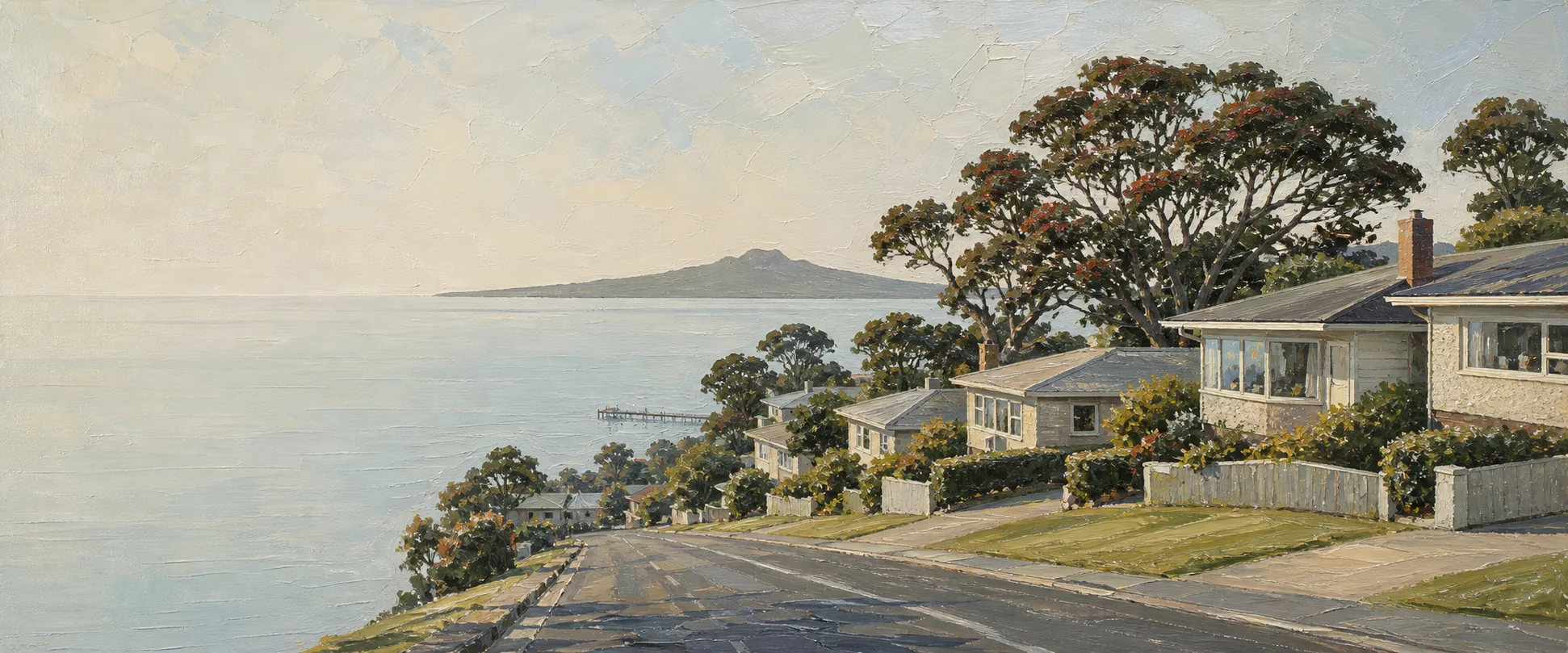 An oil painting of a Murrays Bay street sloping to the bay, single storey weatherboard homes with low pitched roofs among pohutukawa, and Rangitoto on the water beyond
