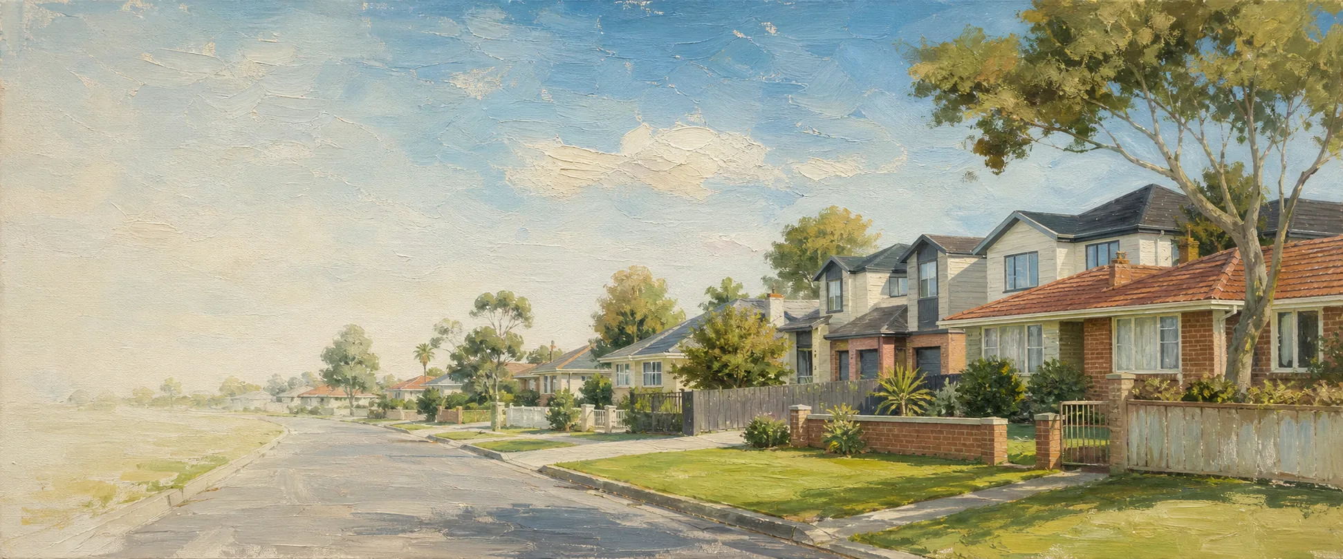 An oil painting of a Papatoetoe street, a brick and tile bungalow beside newly built two-storey townhouses